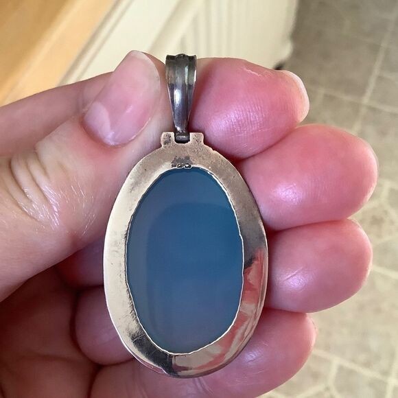 Sterling SILVER 925 BLUE CHALCEDON LARGE OVAL PENDANT​​ - Picture 9 of 9